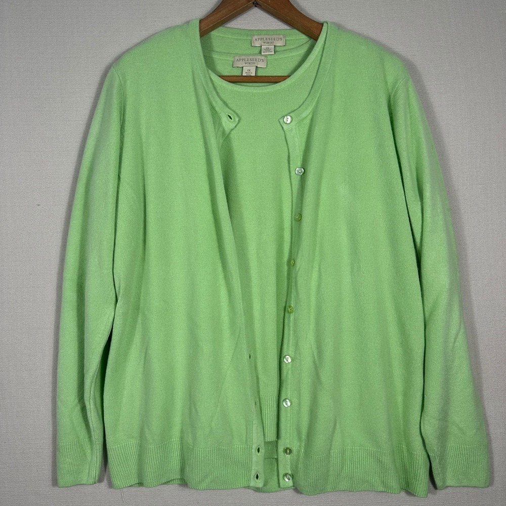 Appleseed's Twin Set Sweater Women 1X Green Excellent Knit Cardigan Shell 2pc
